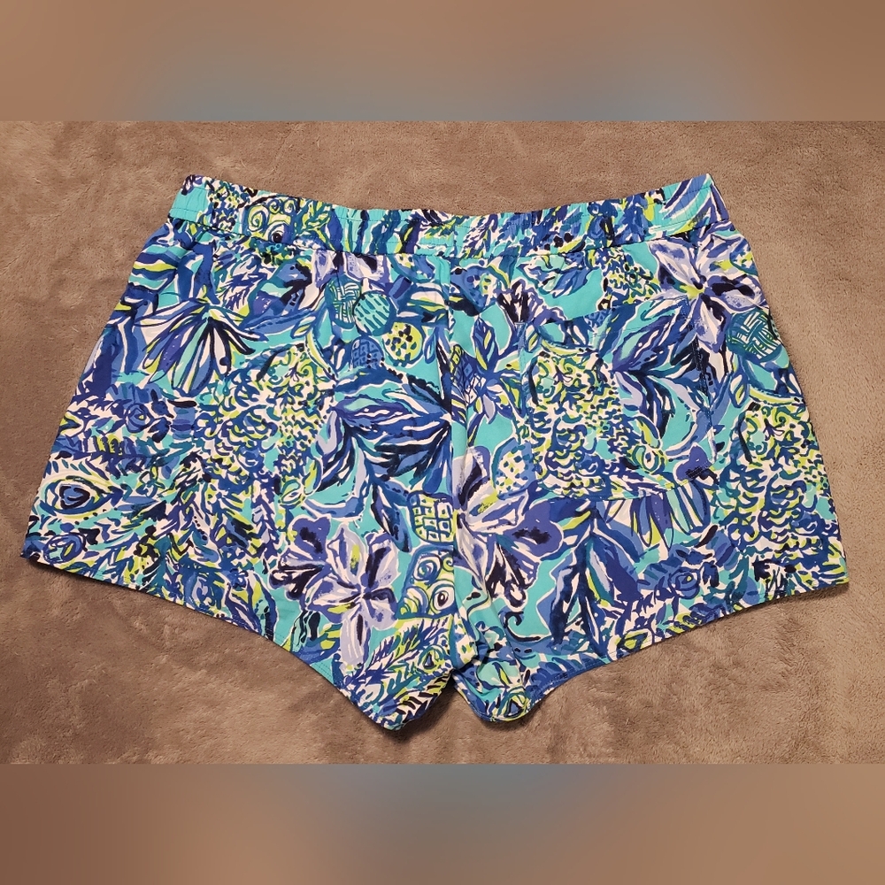 Lilly Pulitzer Drawstring Shorts - Blue & Green Tropical Print (Size L) - Picture 3 of 5